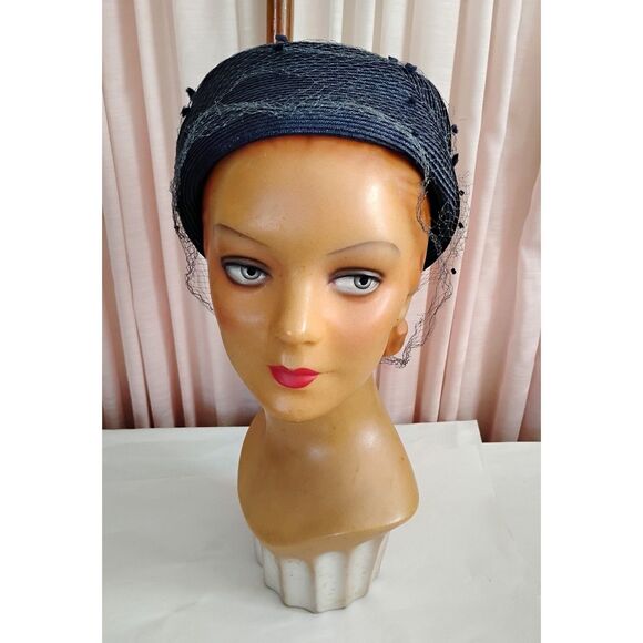 Vintage 1960s Navy Blue Pillbox Hat with Veil, Union Made - Picture 3 of 5